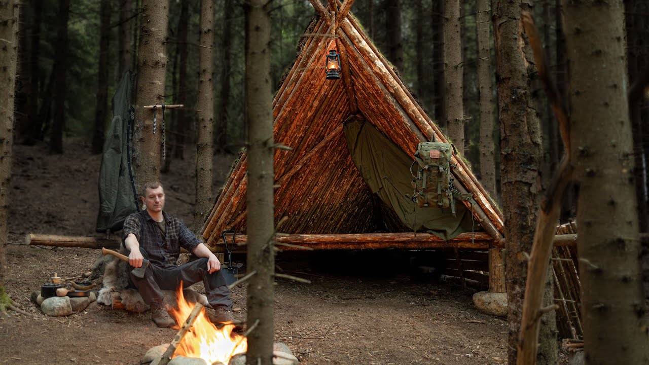 How to Alone Build BEST Bushcraft A-Frame SHELTER Ever - Amazing Forest House - ASMR