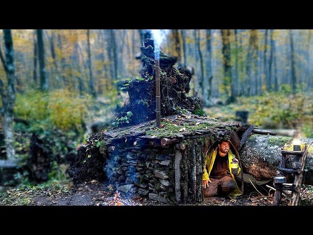 Bushcraft Shelter UNDER FALLEN TREE ROOT. Caught in the Storm. Solo Survival Camping - YouTube
