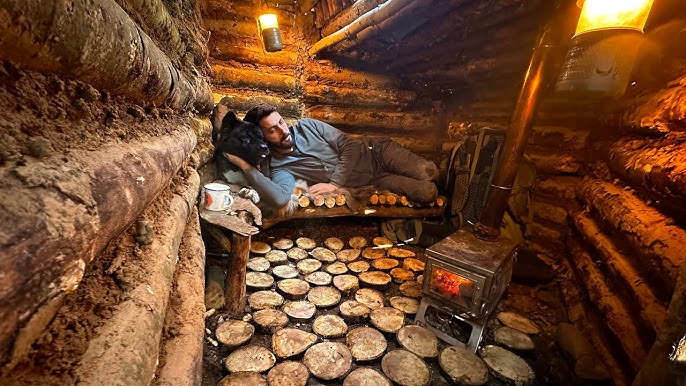 Building a WARM and COZY Bushcraft LOG CABIN for SURVIVAL. Winter Camping